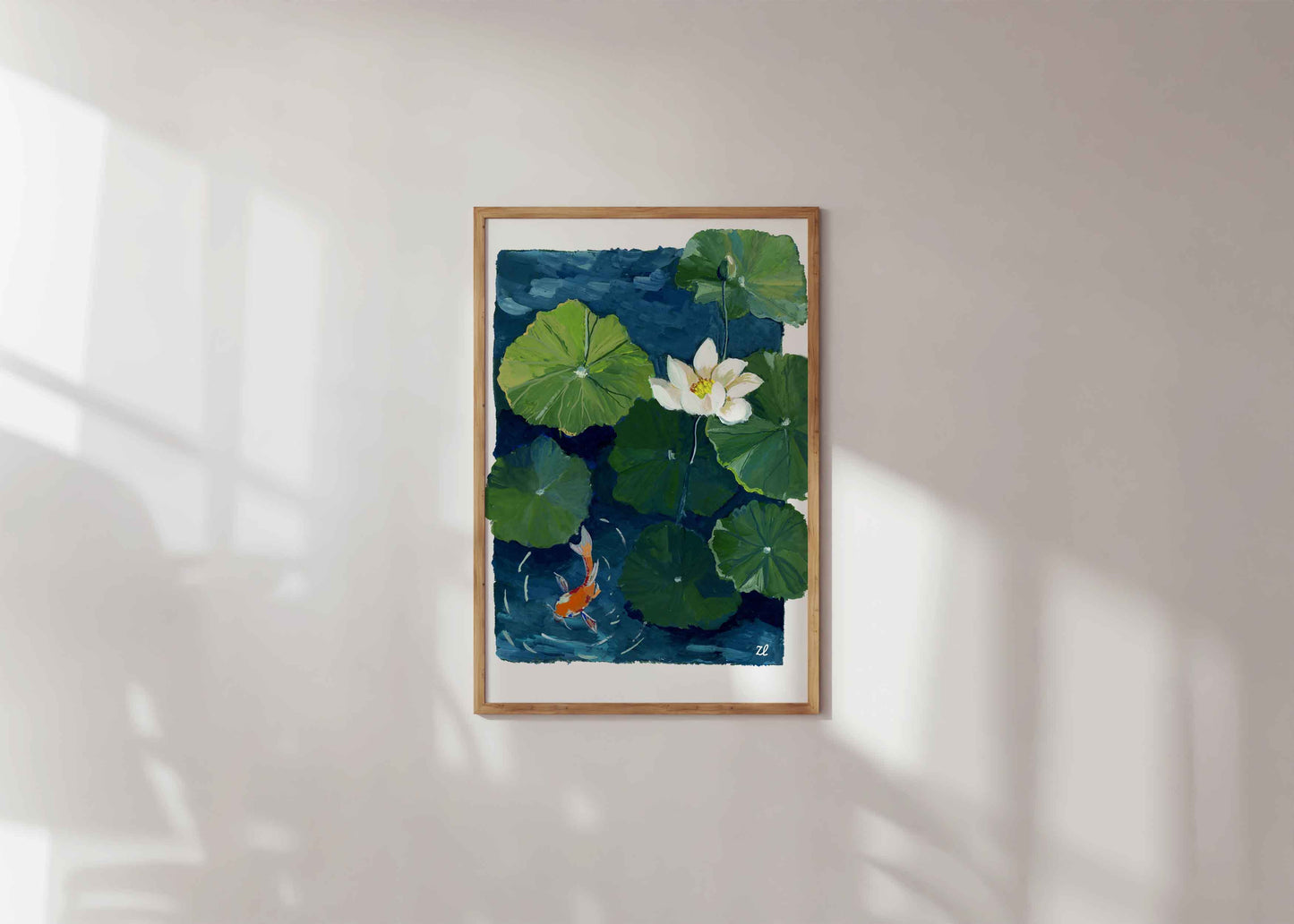 Zen Series No.1- Lotus pond and Koi fish- Gouache Art Print