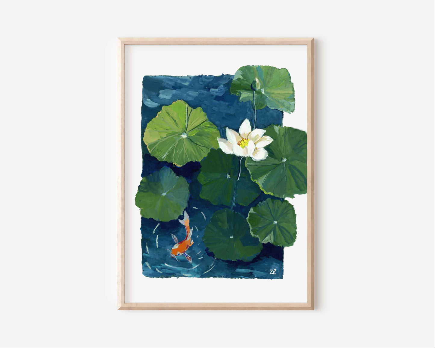 Zen Series No.1- Lotus pond and Koi fish- Gouache Art Print
