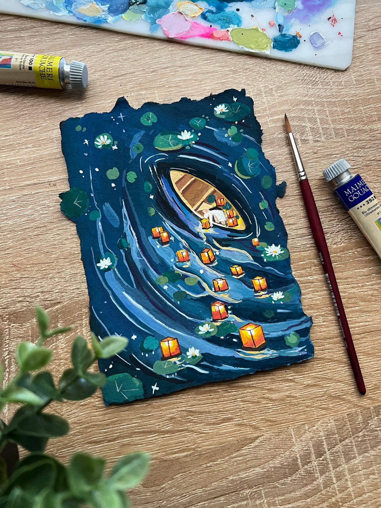 Mid Autumn night- Floating river lanterns painting- Original Gouache painting