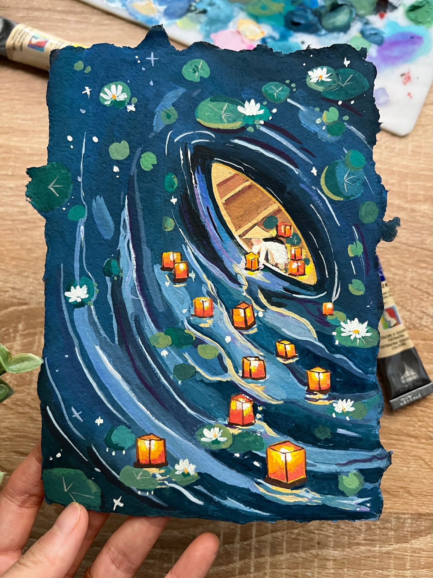 Mid Autumn night- Floating river lanterns painting- Original Gouache painting