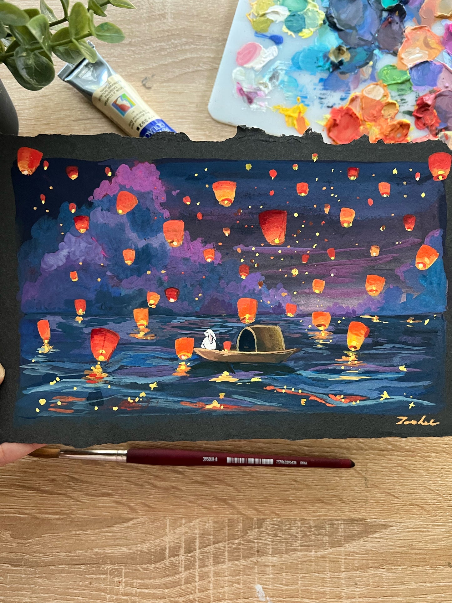 Light up the sky- Sky lanterns painting- Original Gouache painting