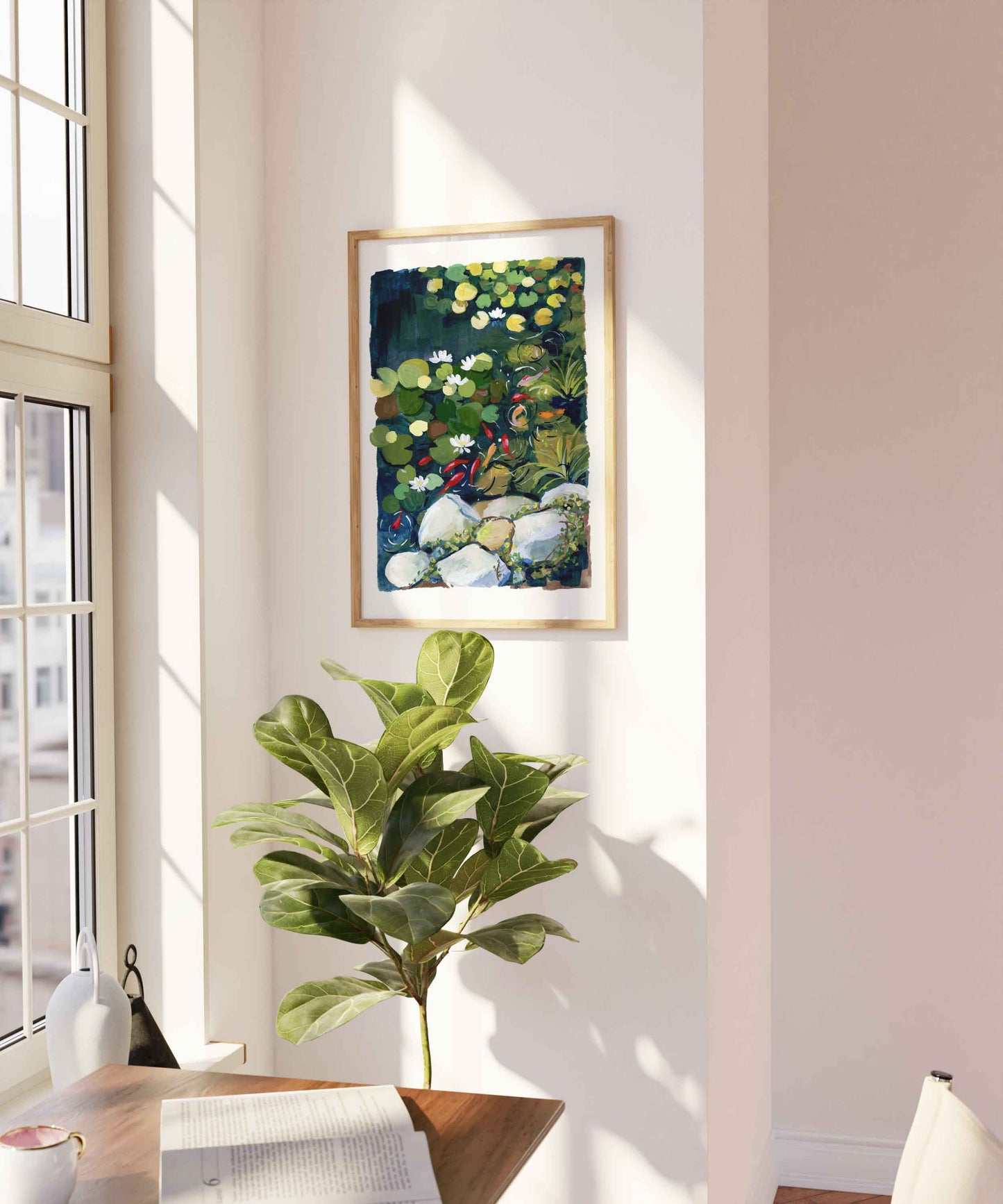 Summer pond- Koi fish and waterlilies painting- Wall art print