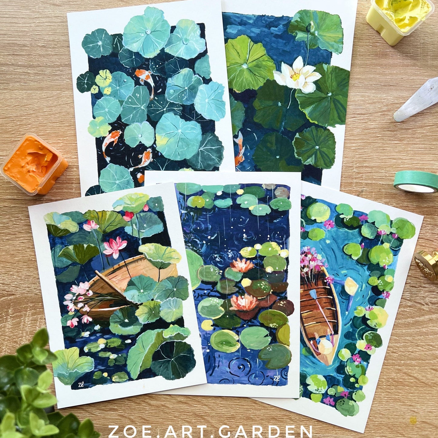 5x7 Postcard prints- Lotus pond and Koi fish art