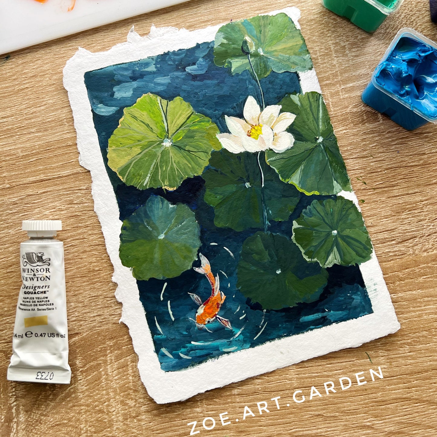 Zen No.1- Lotus pond and koi fish- Original Gouache painting